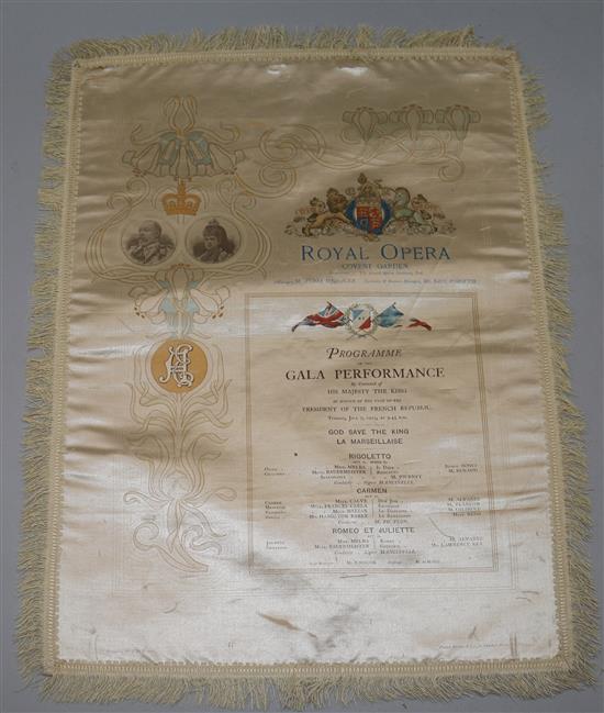 Two Royal Opera Covent Garden silk programmes, Gala Performance, June 7, 1903 and May 27, 1908, unframed